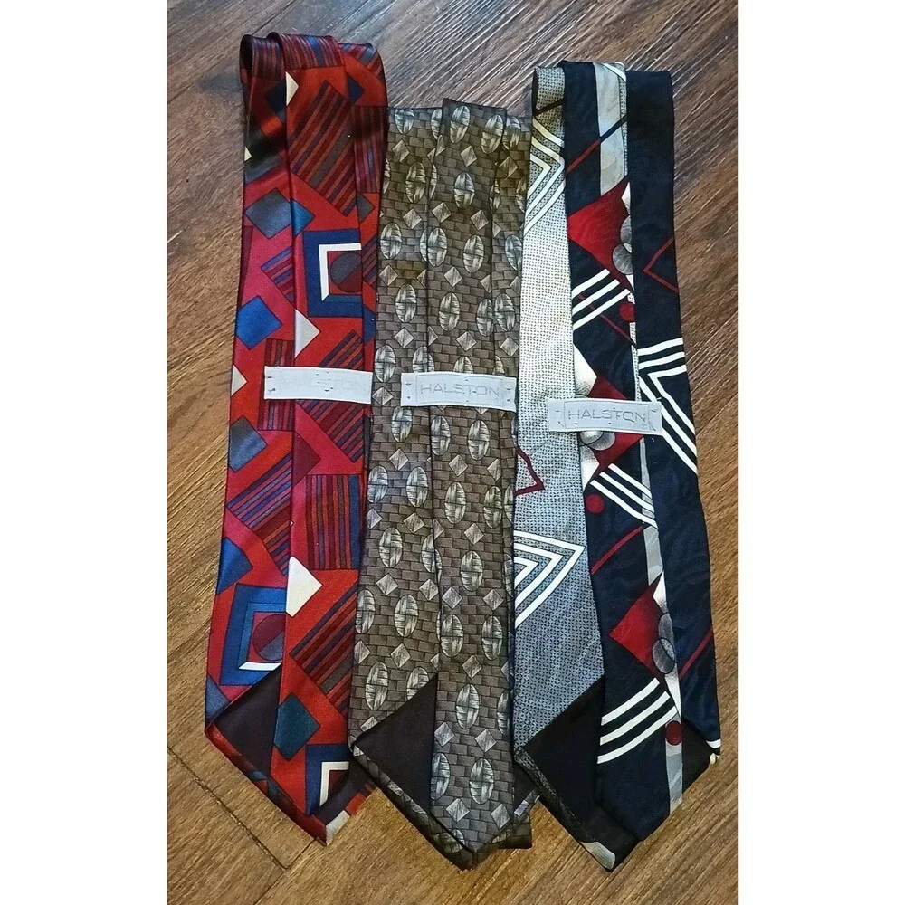 Vintage Halston 100% Silk Tie Lot Of 3 Geometric Pattern